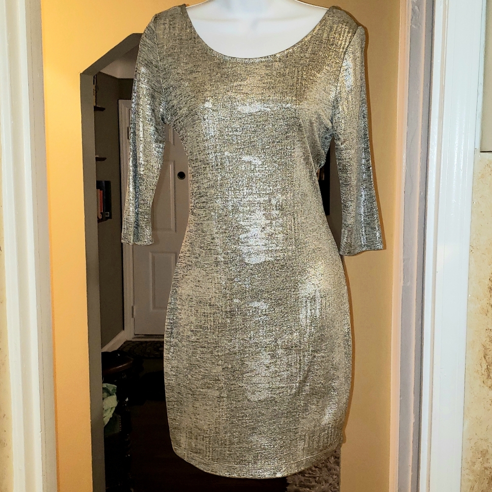 Silver metallic dress with 3/4 sleeves